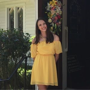 BCBGenetation Yellow off the shoulder cinched waist with super cute neck detail.